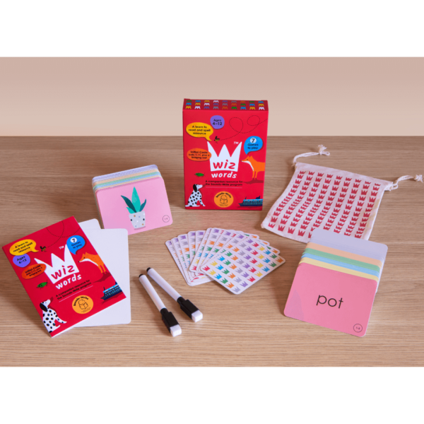 Wiz Words card game's contents including 164 Wiz Word Cards, 2 Write and Wipe Cards, 2 Marker Pens, and a Bonus Storage Bag.