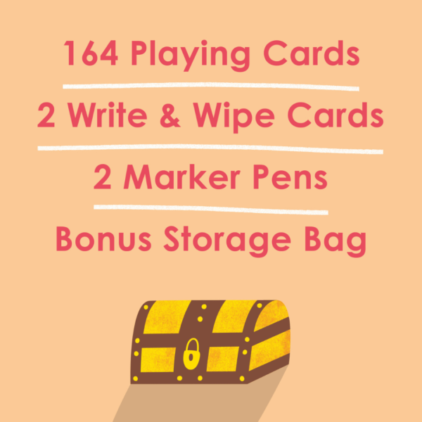 List of Wiz Words contents: 164 Playing Cards, 2 Write and Wipe Cards, 2 Marker Pens, and a Bonus Storage Bag.