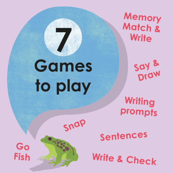 Wiz Words games to play including Go Fish, Snap, Write and Check, Sentences, Writing prompts, Say and Draw and Memory Match and Write.