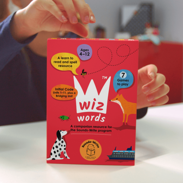 Wiz Words card game front of box.