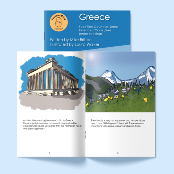 Page from a book titled 'Greece'. Text on the page reads: Ancient sites are a big feature of a trip to Greece. the acropolis is a unique monument bequeathed by classical Greece. Do you agree that the parthenon has a very pleasing shape? The climate is very hot in the summer and temperatures reach over 100 degrees Fahrenheit. There are also mountains with alpine scenery and green trees.