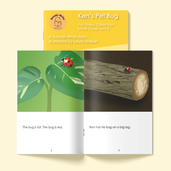 Page from The book titled 'Ken's Pet Bug'. Text on the page reads: The bug is fat. The bug is red. Ken has his bug on a big log.