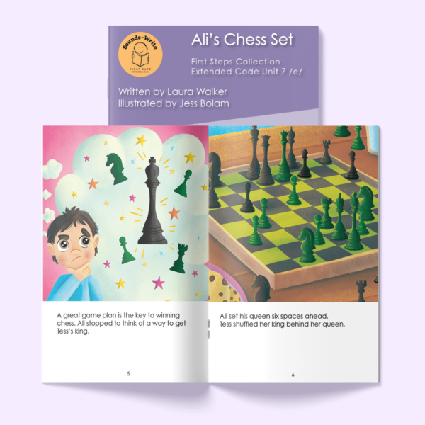 Page from book titled 'Ali's Chess Set'. text on the page reads: A great game plan is the key to winning chess. Ali stopped to think of a way to get Tess's king. Ali set his queen six spaces ahead. Tess shuffled her king behind her queen.